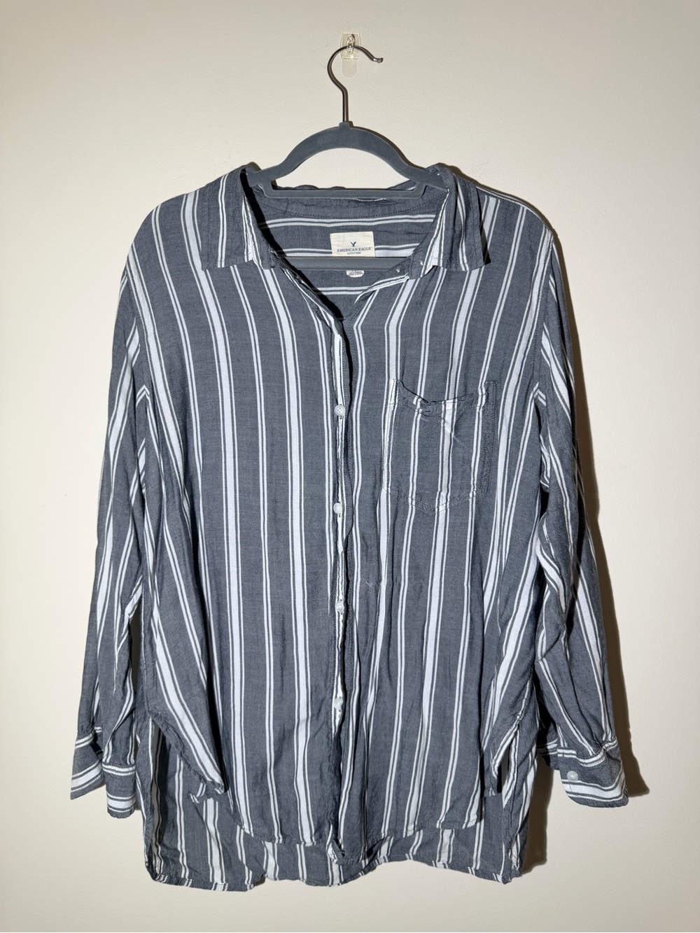 American Eagle Outfitters Gray and White Vertical Stripe Button-Down Shirt